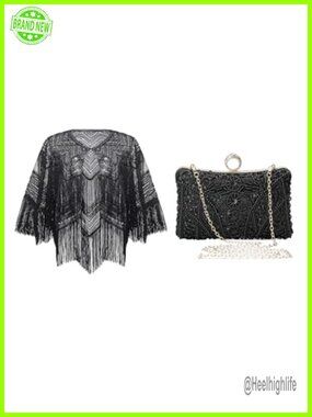 Sequin Shawl Wrap Capelet and Vintage Beaded Evening Bag Set